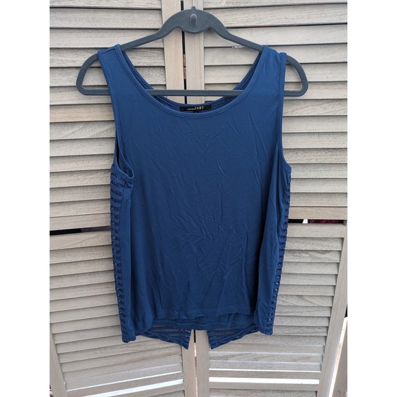 Lemon Tart Tops - Lemon Tart Womens Blue Sleeveless Eyelet Mesh Split Back Tank Top Large
